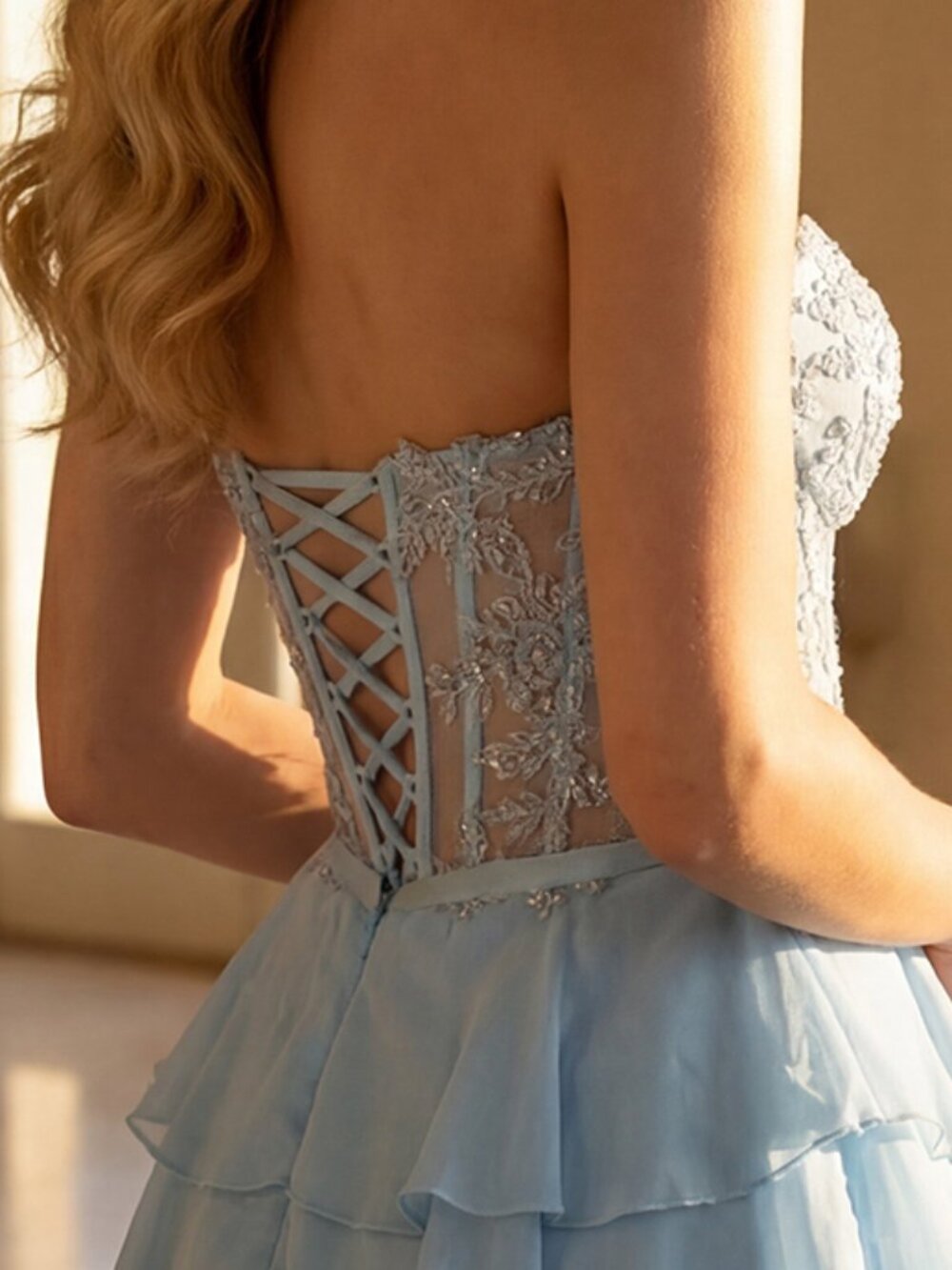 New Light Blue Mini A-Line Homecoming Gown w/ Floral Lace & Tiered Skirt JT7131G - Picture 7 of 8